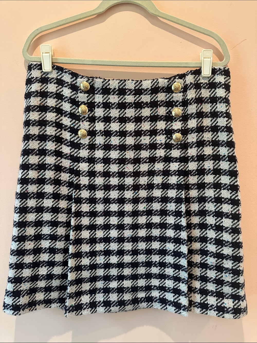 Talbots Black White Wool Tweed Pleated Skirt Gold Buttons 12 NWT